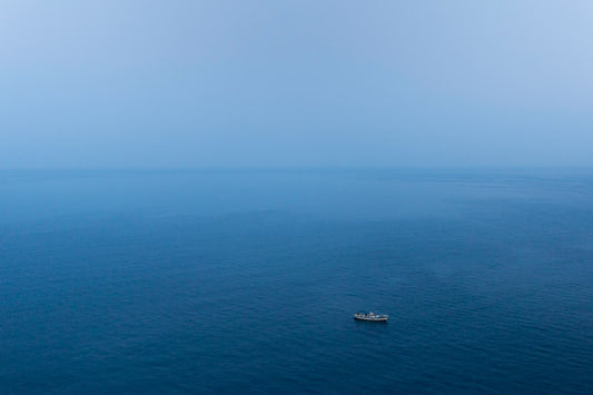 Vast expanse of powder blue ocean under a clear sky with a small boat, reflecting the serene habitat needed for isopod care.