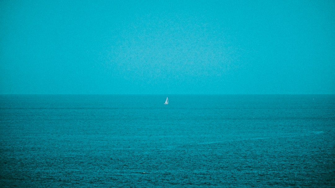 Ocean view in powder blue hues with a distant sailboat; represents the color theme mentioned in the 'Powder Blue Isopods Care Guide' article.