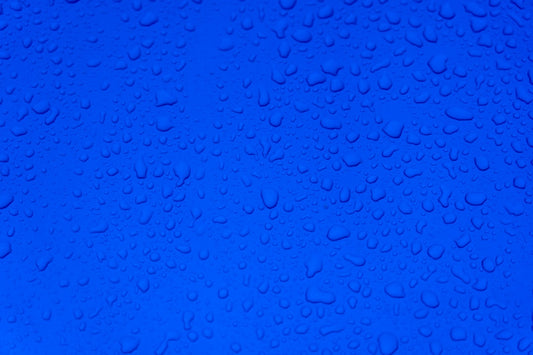 Close-up of water droplets on a vibrant blue surface, illustrating the humid environment ideal for powder blue isopods.